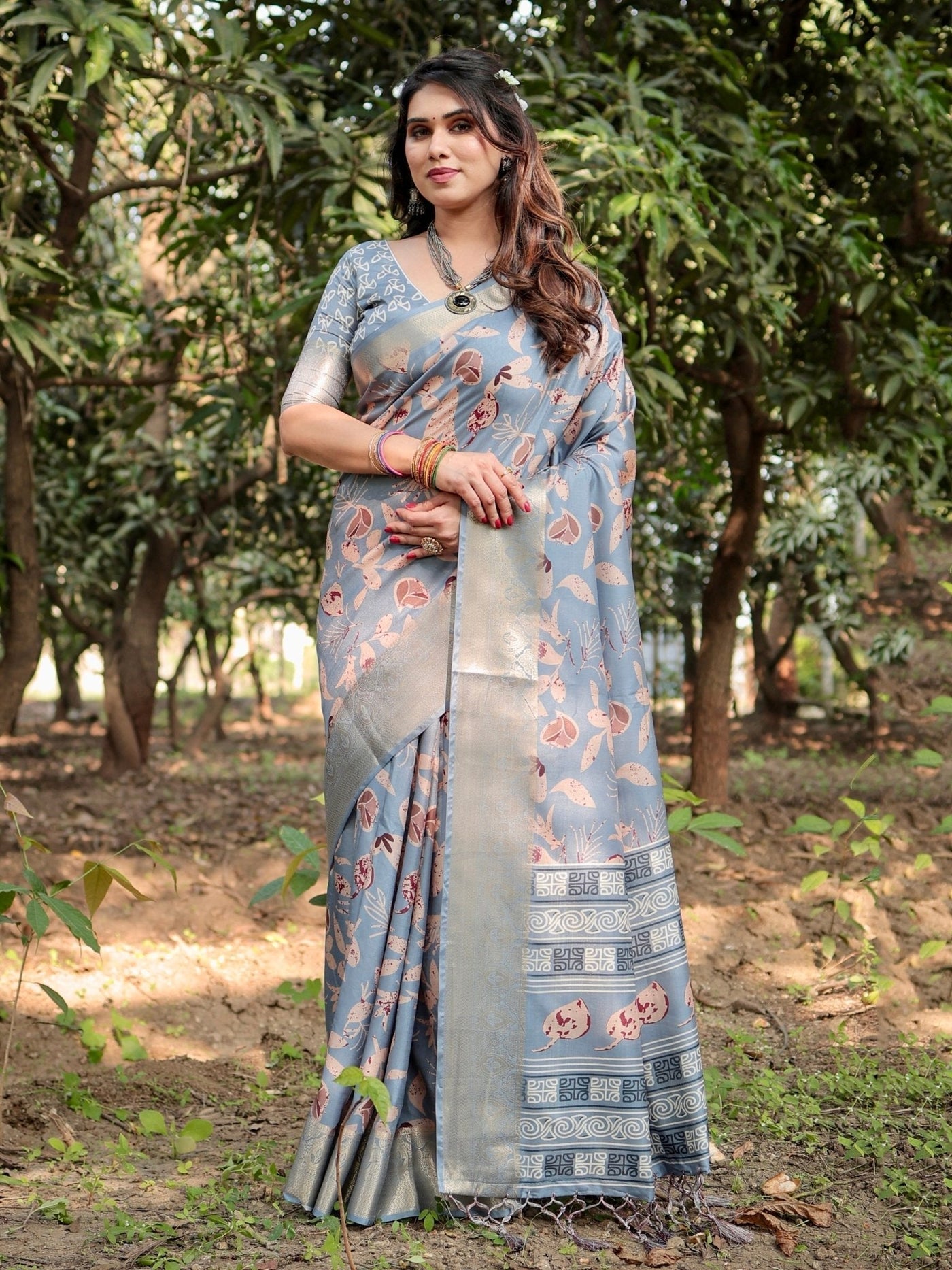 Pure Silk Digitally Printed Saree Weaved With Golden Zari Comes With Tassels - Almaari Fashion