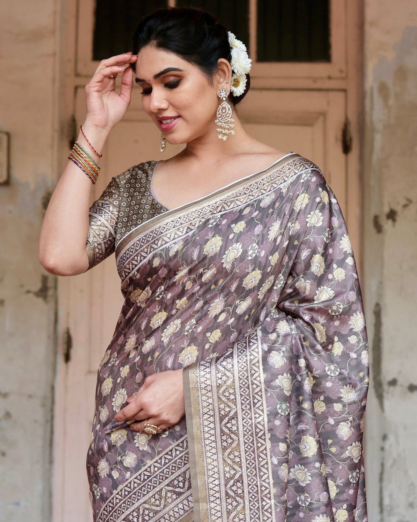 Pure Silk Digitally Printed Saree Weaved With Golden Zari Comes With Tassels - Almaari Fashion