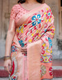 Peach Banarasi Silk Saree with Vibrant Floral Kalamkari and Zari Highlights