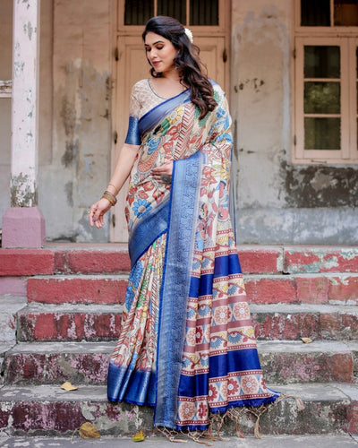 Pure Silk Digitally Printed Saree Weaved With Golden Zari Comes With Tassels - Almaari Fashion