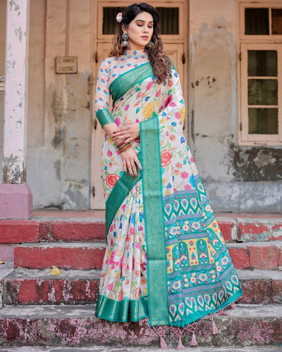 Pure Silk Digitally Printed Saree Weaved With Golden Zari Comes With Tassels - Almaari Fashion