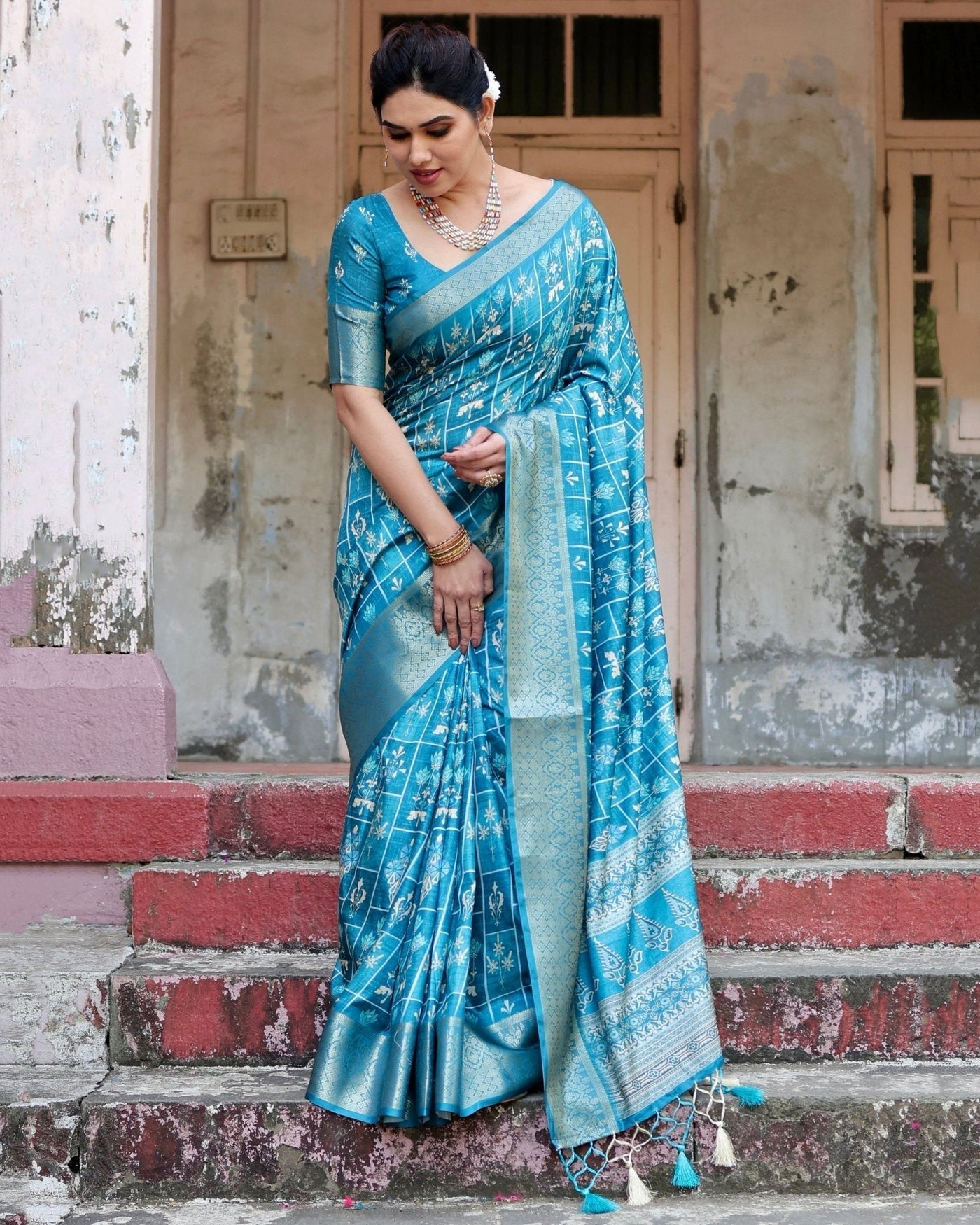 Pure Silk Digitally Printed Saree Weaved With Golden Zari Comes With Tassels - Almaari Fashion