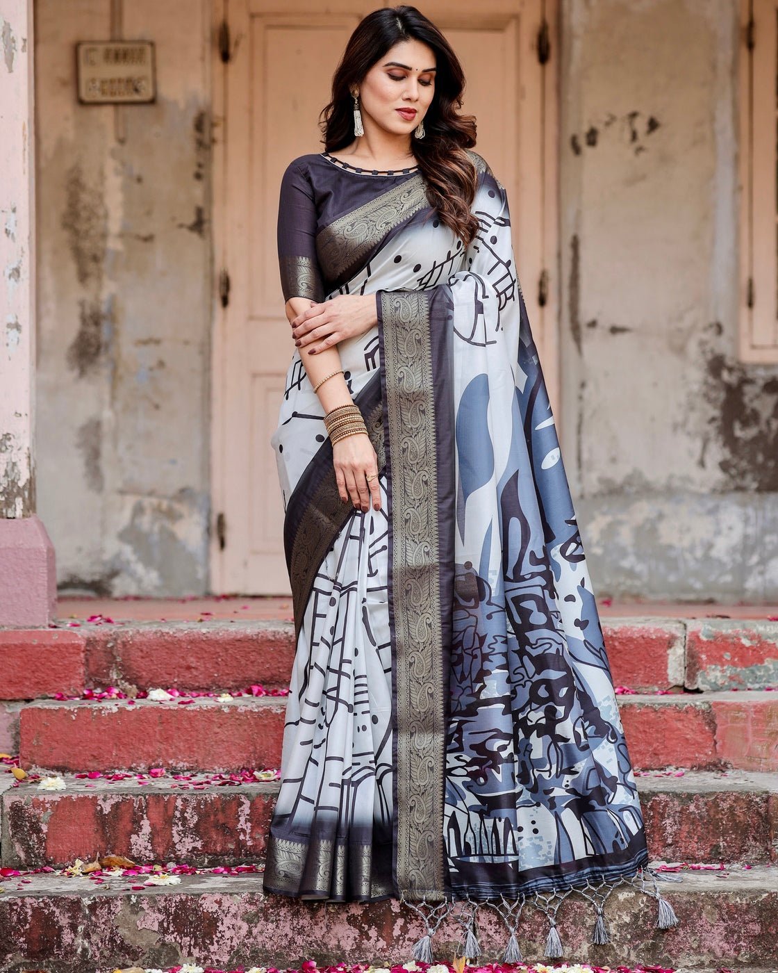 Pure Silk Digitally Printed Saree Weaved With Golden Zari Comes With Tassels - Almaari Fashion