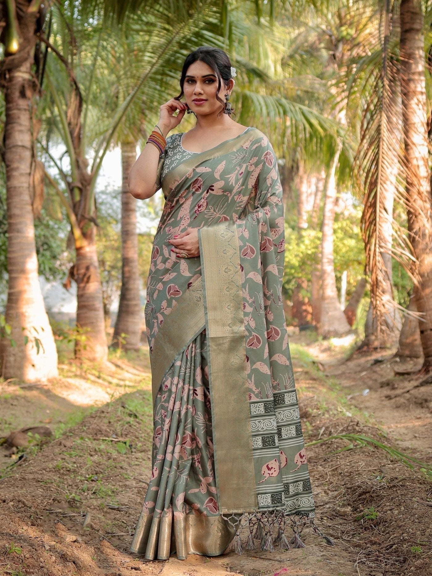 Pure Silk Digitally Printed Saree Weaved With Golden Zari Comes With Tassels - Almaari Fashion