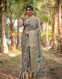 Graceful Olive Green Tussar Silk Saree with Intricate Beige and Maroon Botanical Print and Zari Border