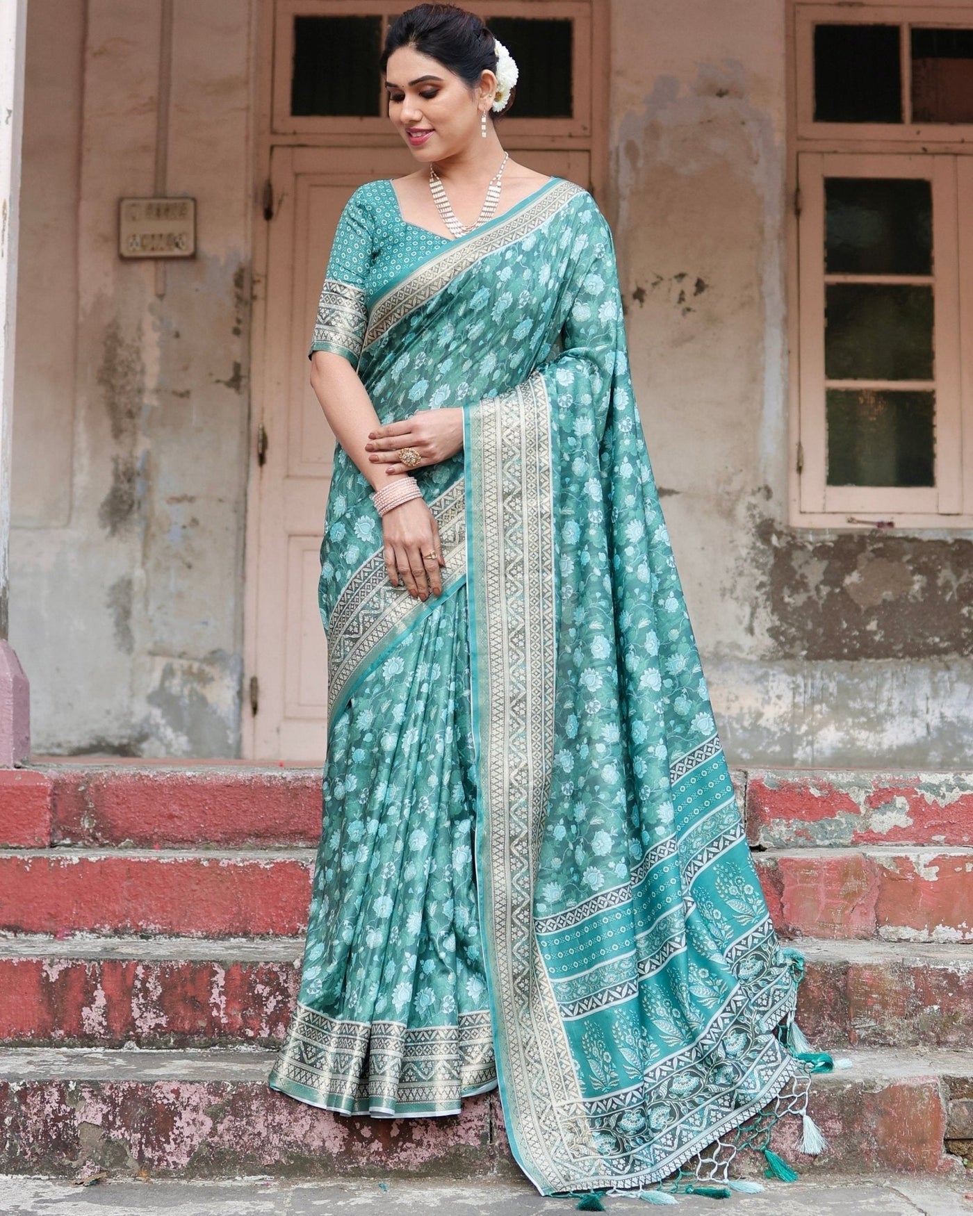 Pure Silk Digitally Printed Saree Weaved With Golden Zari Comes With Tassels - Almaari Fashion