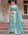 Teal Green Floral Pure Silk Digital Print Saree with Silver Border and Tassels