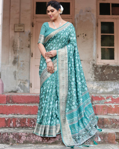 Pure Silk Digitally Printed Saree Weaved With Golden Zari Comes With Tassels - Almaari Fashion