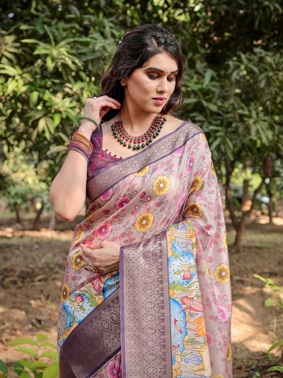 Pure Silk Digitally Printed Saree Weaved With Golden Zari Comes With Tassels - Almaari Fashion