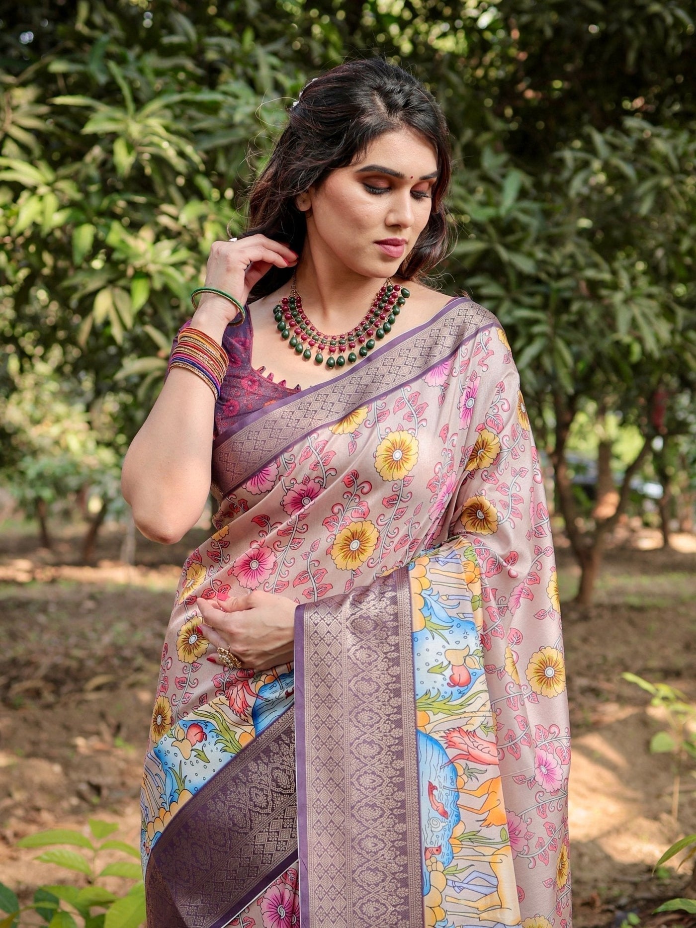 Pure Silk Digitally Printed Saree Weaved With Golden Zari Comes With Tassels - Almaari Fashion