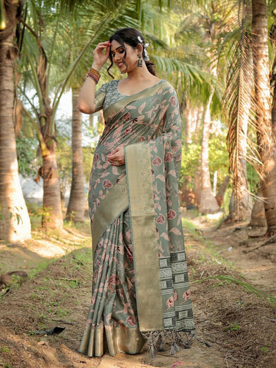 Pure Silk Digitally Printed Saree Weaved With Golden Zari Comes With Tassels - Almaari Fashion