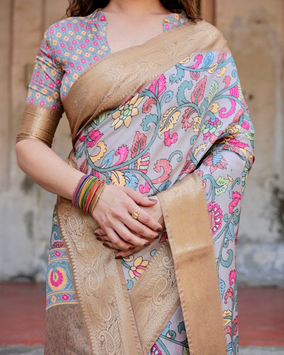 Pure Silk Digitally Printed Saree Weaved With Golden Zari Comes With Tassels - Almaari Fashion