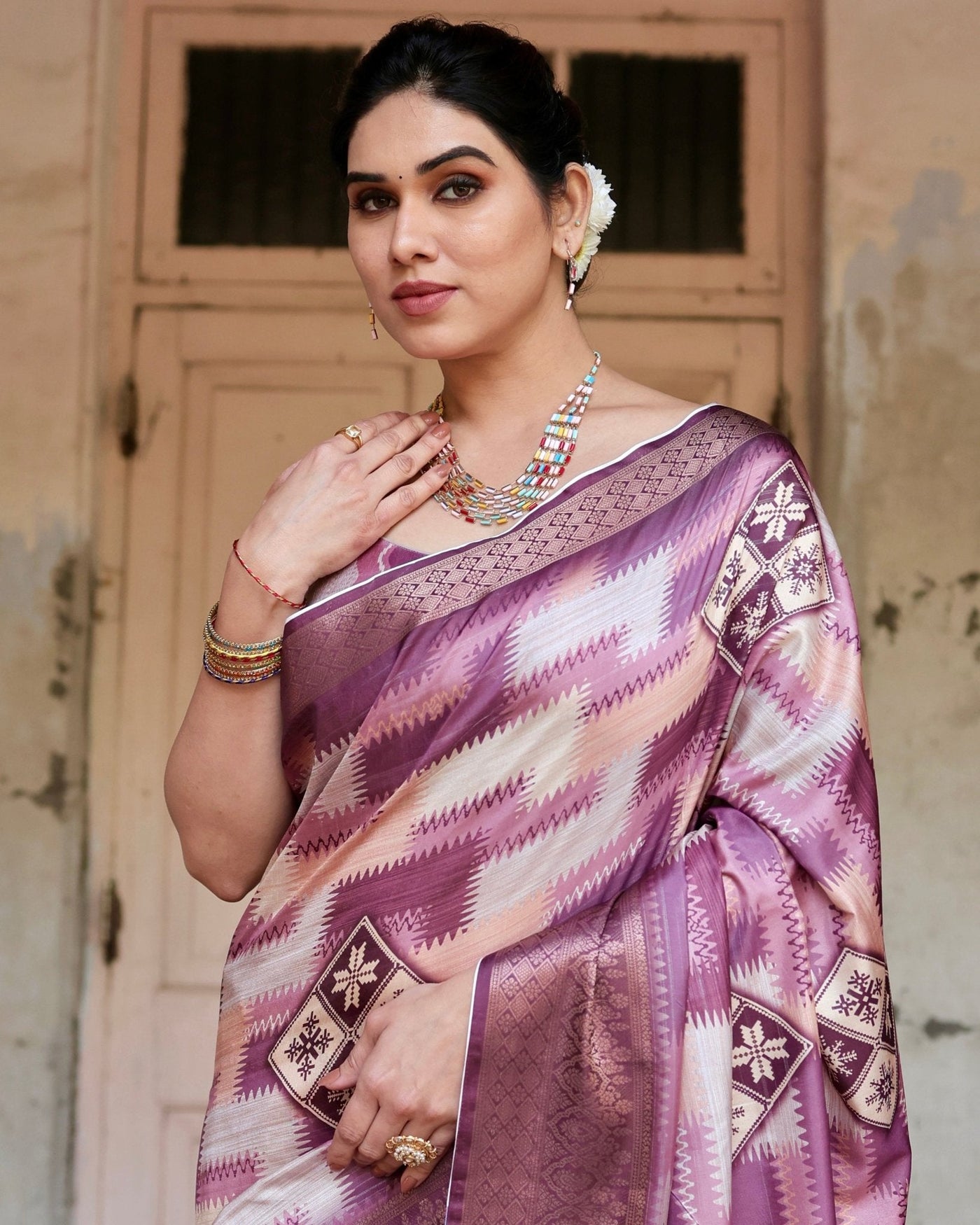 Pure Silk Digitally Printed Saree Weaved With Golden Zari Comes With Tassels - Almaari Fashion