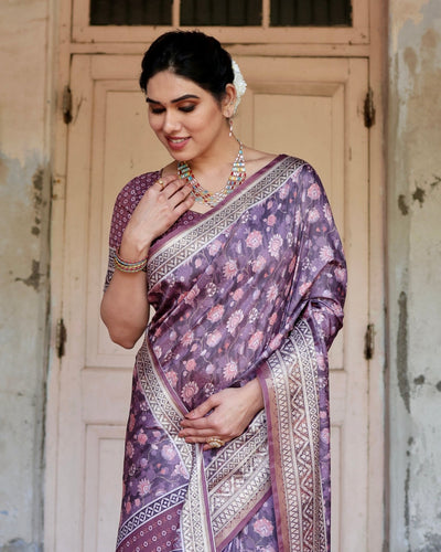 Pure Silk Digitally Printed Saree Weaved With Golden Zari Comes With Tassels - Almaari Fashion