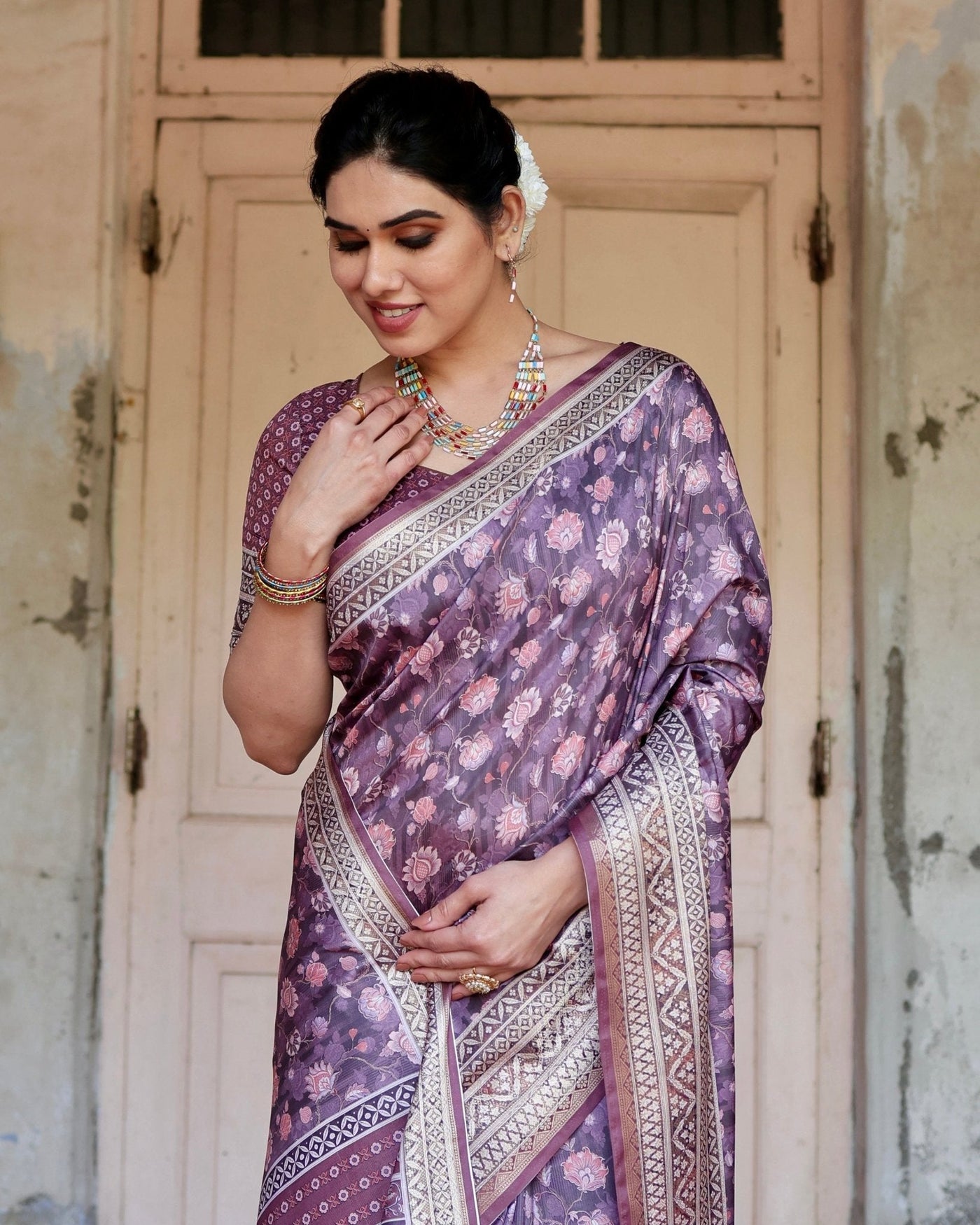 Pure Silk Digitally Printed Saree Weaved With Golden Zari Comes With Tassels - Almaari Fashion