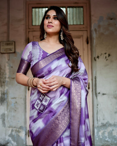 Pure Silk Digitally Printed Saree Weaved With Golden Zari Comes With Tassels - Almaari Fashion