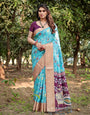 Aqua Blue Tussar Silk Saree with Floral Vine Design and Gold Zari Border