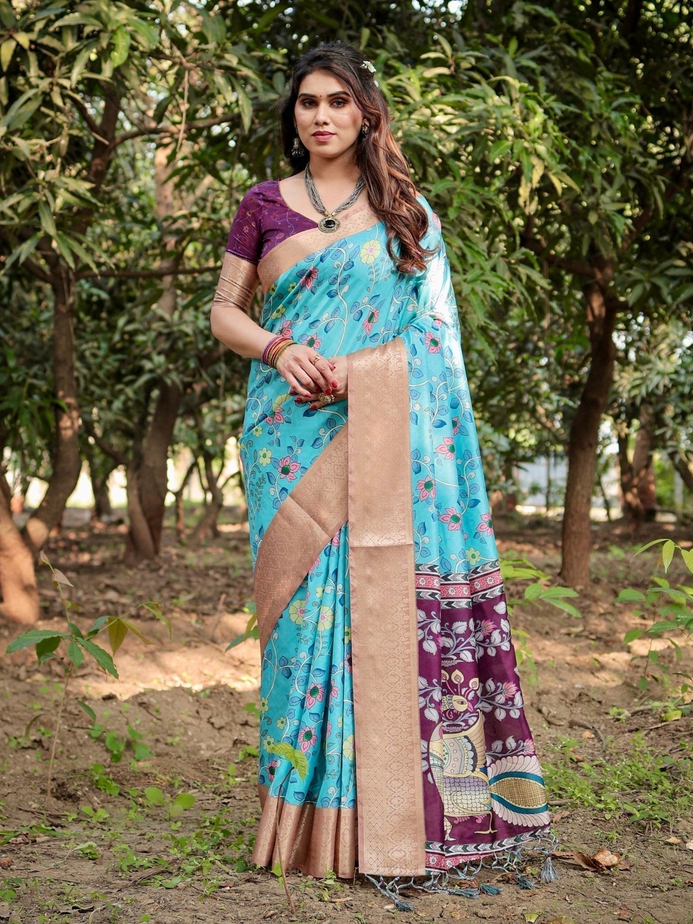 Pure Silk Digitally Printed Saree Weaved With Golden Zari Comes With Tassels - Almaari Fashion