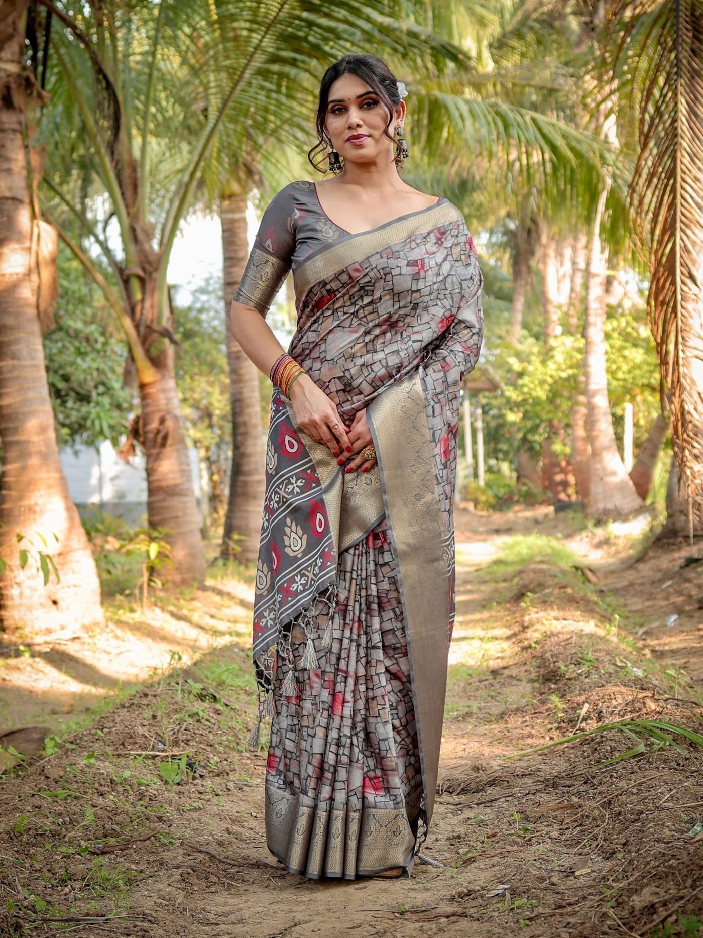 Pure Silk Digitally Printed Saree Weaved With Golden Zari Comes With Tassels - Almaari Fashion