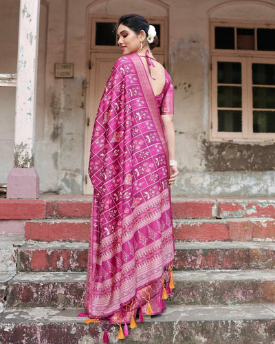 Pure Silk Digitally Printed Saree Weaved With Golden Zari Comes With Tassels - Almaari Fashion