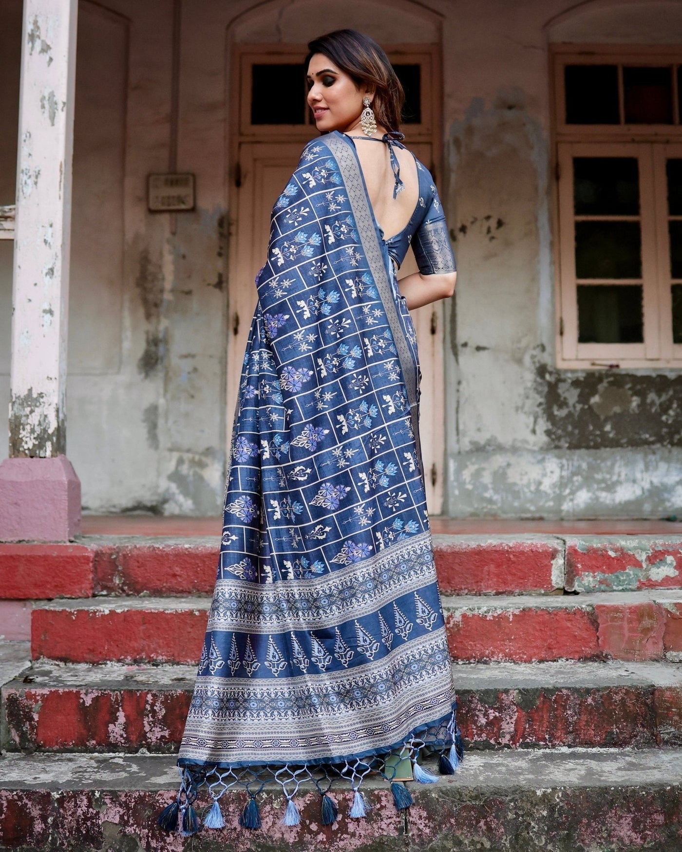 Pure Silk Digitally Printed Saree Weaved With Golden Zari Comes With Tassels - Almaari Fashion