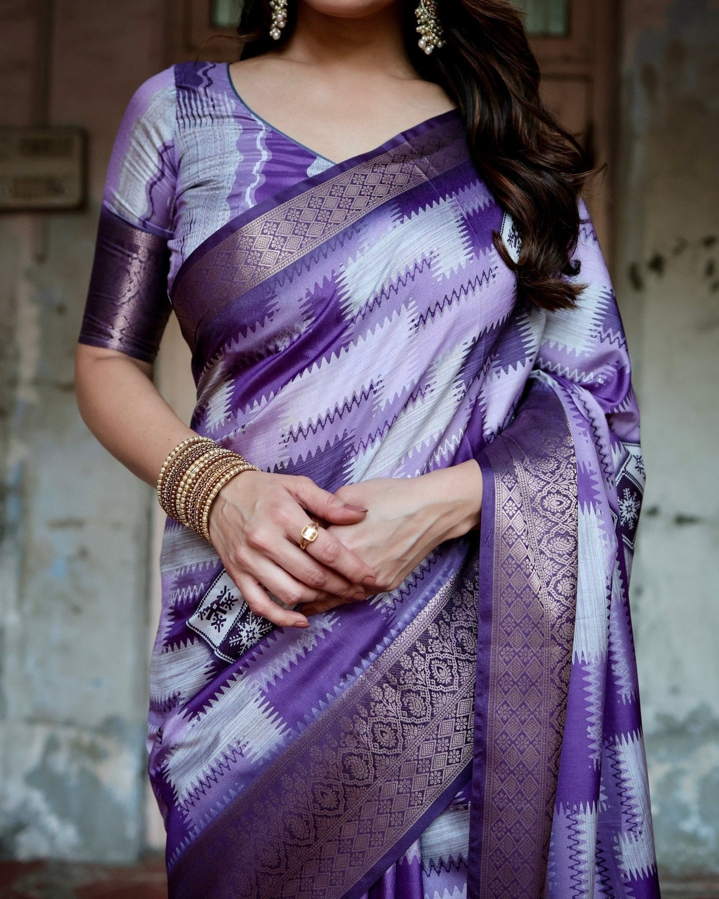 Pure Silk Digitally Printed Saree Weaved With Golden Zari Comes With Tassels - Almaari Fashion