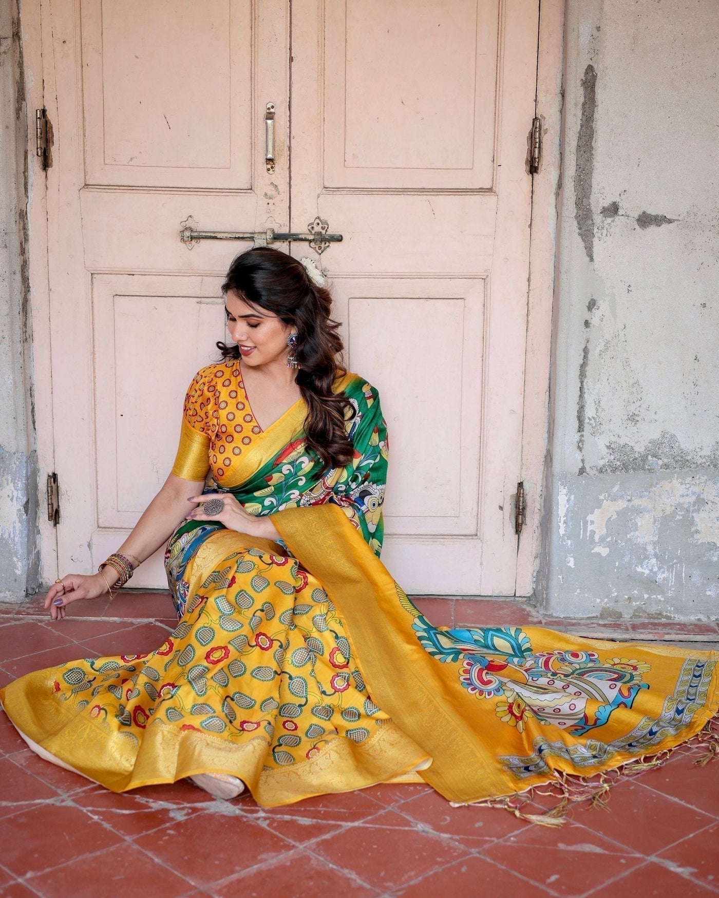 Pure Silk Digitally Printed Saree Weaved With Golden Zari Comes With Tassels - Almaari Fashion