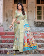 Pure Silk Digitally Printed Saree Weaved With Golden Zari Comes With Tassels