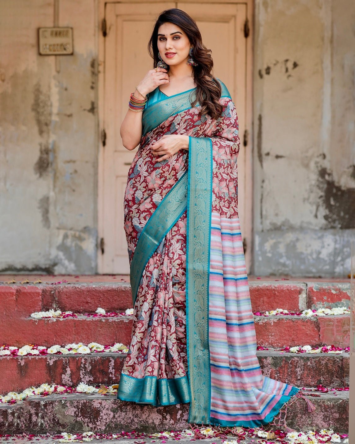 Pure Silk Digitally Printed Saree Weaved With Golden Zari Comes With Tassels - Almaari Fashion