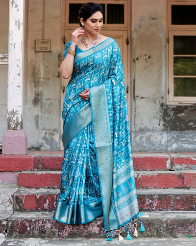 Pure Silk Digitally Printed Saree Weaved With Golden Zari Comes With Tassels - Almaari Fashion