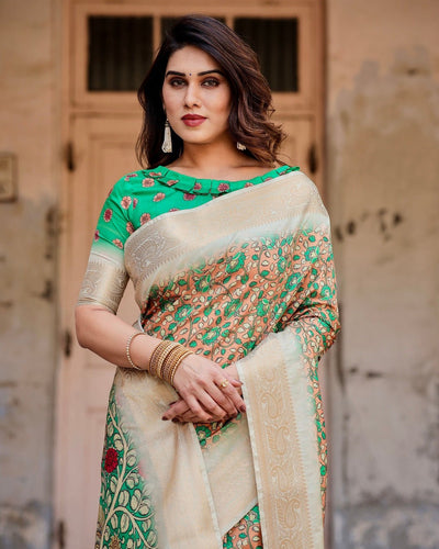 Pure Silk Digitally Printed Saree Weaved With Golden Zari Comes With Tassels - Almaari Fashion