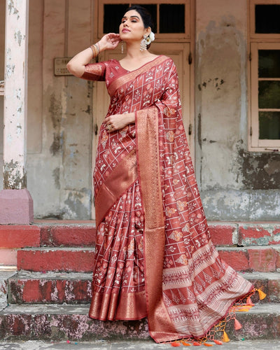 Pure Silk Digitally Printed Saree Weaved With Golden Zari Comes With Tassels - Almaari Fashion