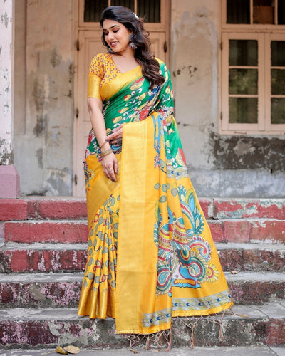 Pure Silk Digitally Printed Saree Weaved With Golden Zari Comes With Tassels - Almaari Fashion