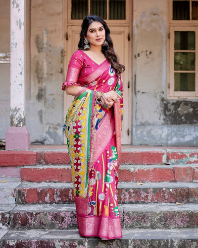 Pure Silk Digitally Printed Saree Weaved With Golden Zari Comes With Tassels - Almaari Fashion