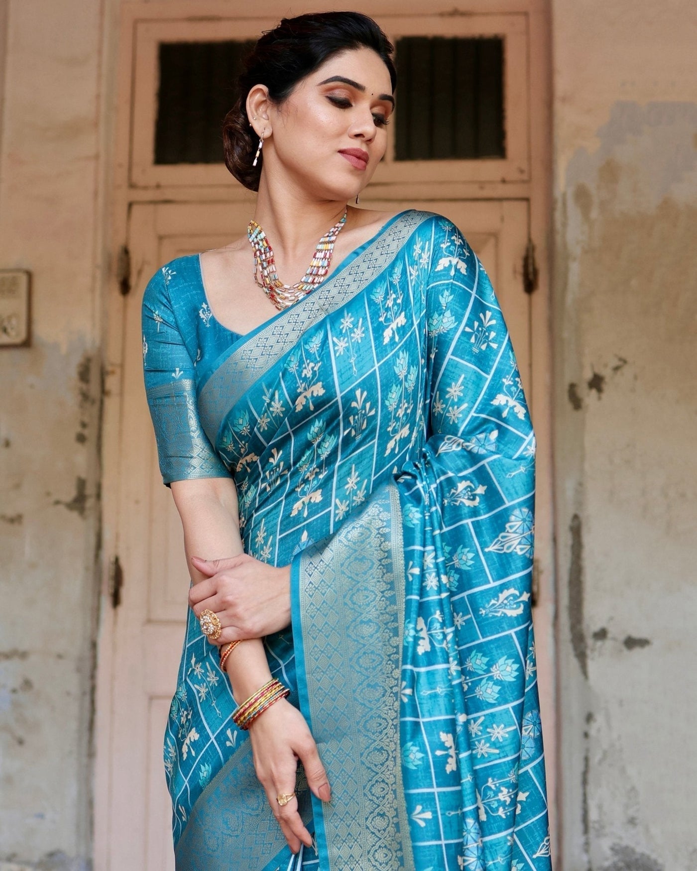 Pure Silk Digitally Printed Saree Weaved With Golden Zari Comes With Tassels - Almaari Fashion