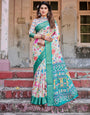 Elegant Multicolor Floral Digital Print Saree with Ornate Green Border and Artistic Pallu