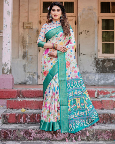 Pure Silk Digitally Printed Saree Weaved With Golden Zari Comes With Tassels - Almaari Fashion