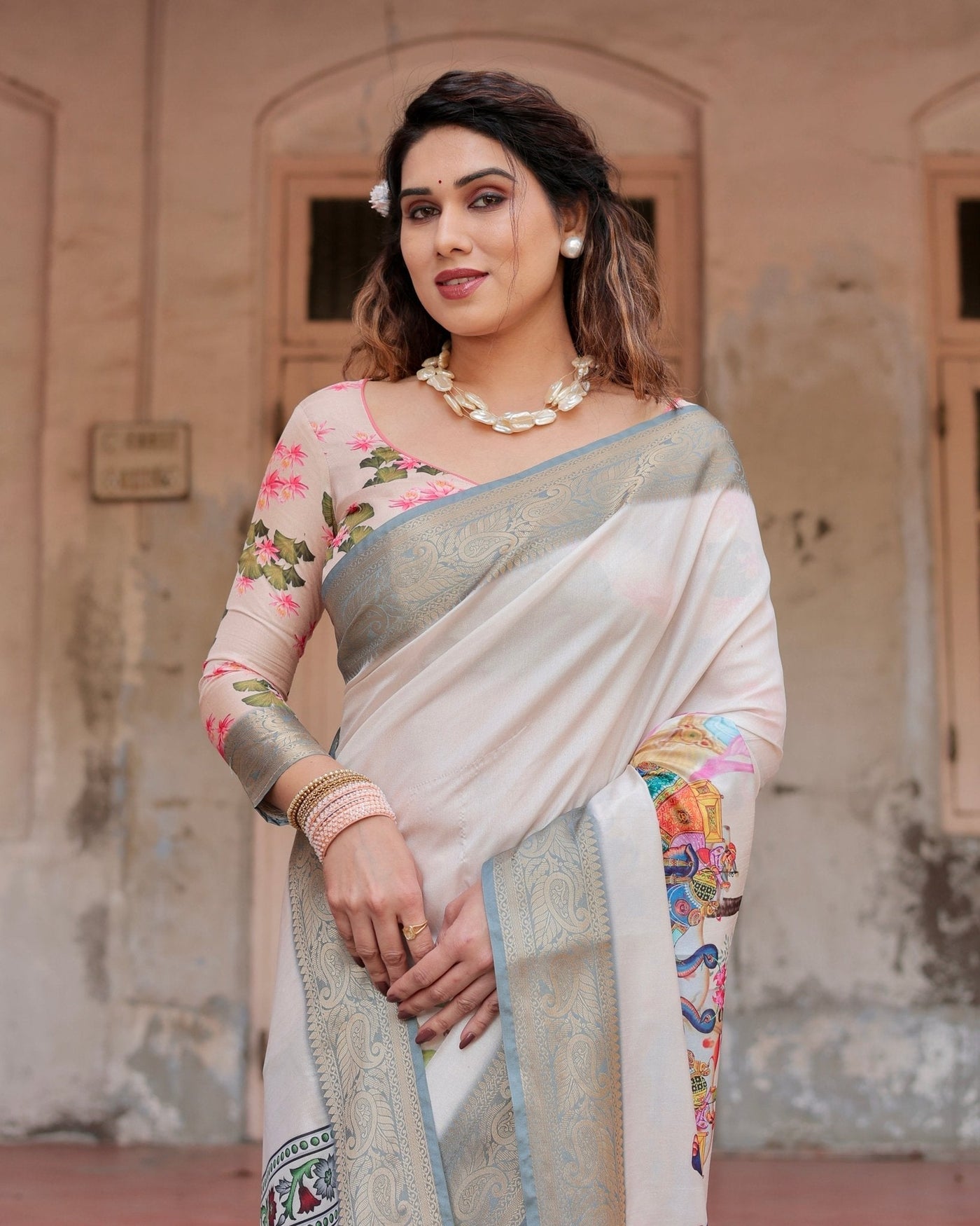 Pure Silk Digitally Printed Saree Weaved With Golden Zari Comes With Tassels - Almaari Fashion