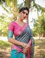 Pastel Grey and Turquoise Digital Print Tussar Silk Saree with Pink Zari Border and Peacock Motif Pallu