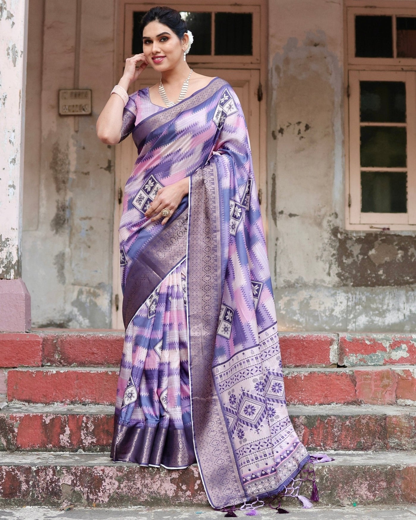 Pure Silk Digitally Printed Saree Weaved With Golden Zari Comes With Tassels - Almaari Fashion