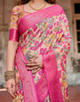 Peach and Fuchsia Floral Digital Print Banarasi Silk Saree with Zari Border and Paisley Pallu