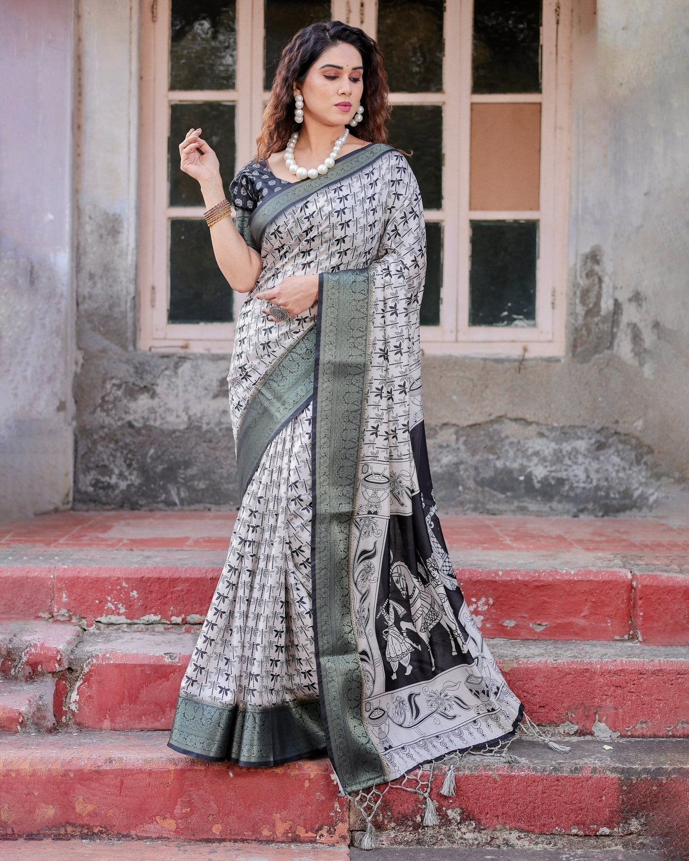 Pure Silk Digitally Printed Saree Weaved With Golden Zari Comes With Tassels - Almaari Fashion