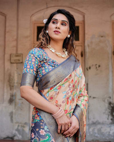 Pure Silk Digitally Printed Saree Weaved With Golden Zari Comes With Tassels - Almaari Fashion