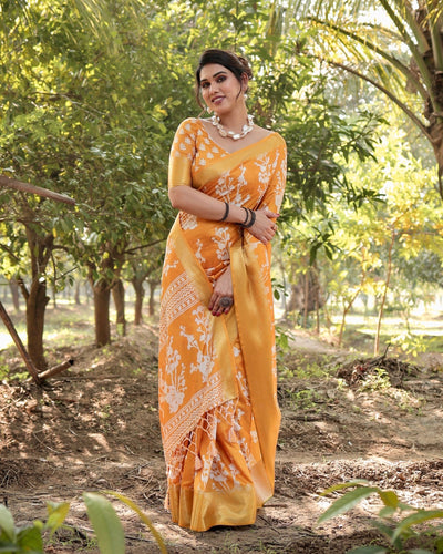 Pure Silk Digitally Printed Saree Weaved With Golden Zari Comes With Tassels - Almaari Fashion