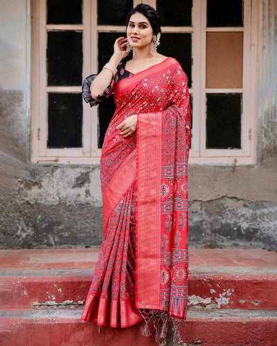 Pure Silk Digitally Printed Saree Weaved With Golden Zari Comes With Tassels - Almaari Fashion