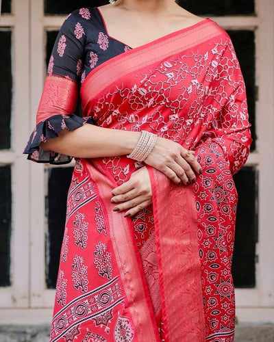 Pure Silk Digitally Printed Saree Weaved With Golden Zari Comes With Tassels - Almaari Fashion