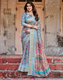 Sky Blue Banarasi Silk Saree with Floral Weaves and Ornamental Pallu Design