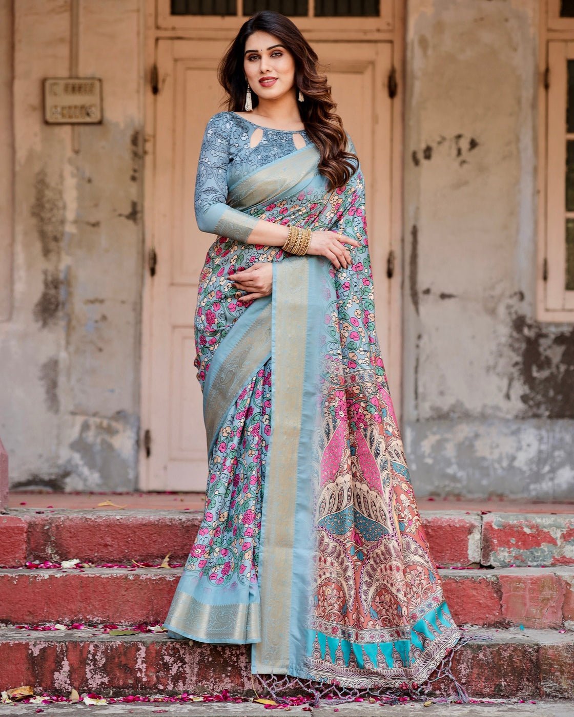 Pure Silk Digitally Printed Saree Weaved With Golden Zari Comes With Tassels - Almaari Fashion