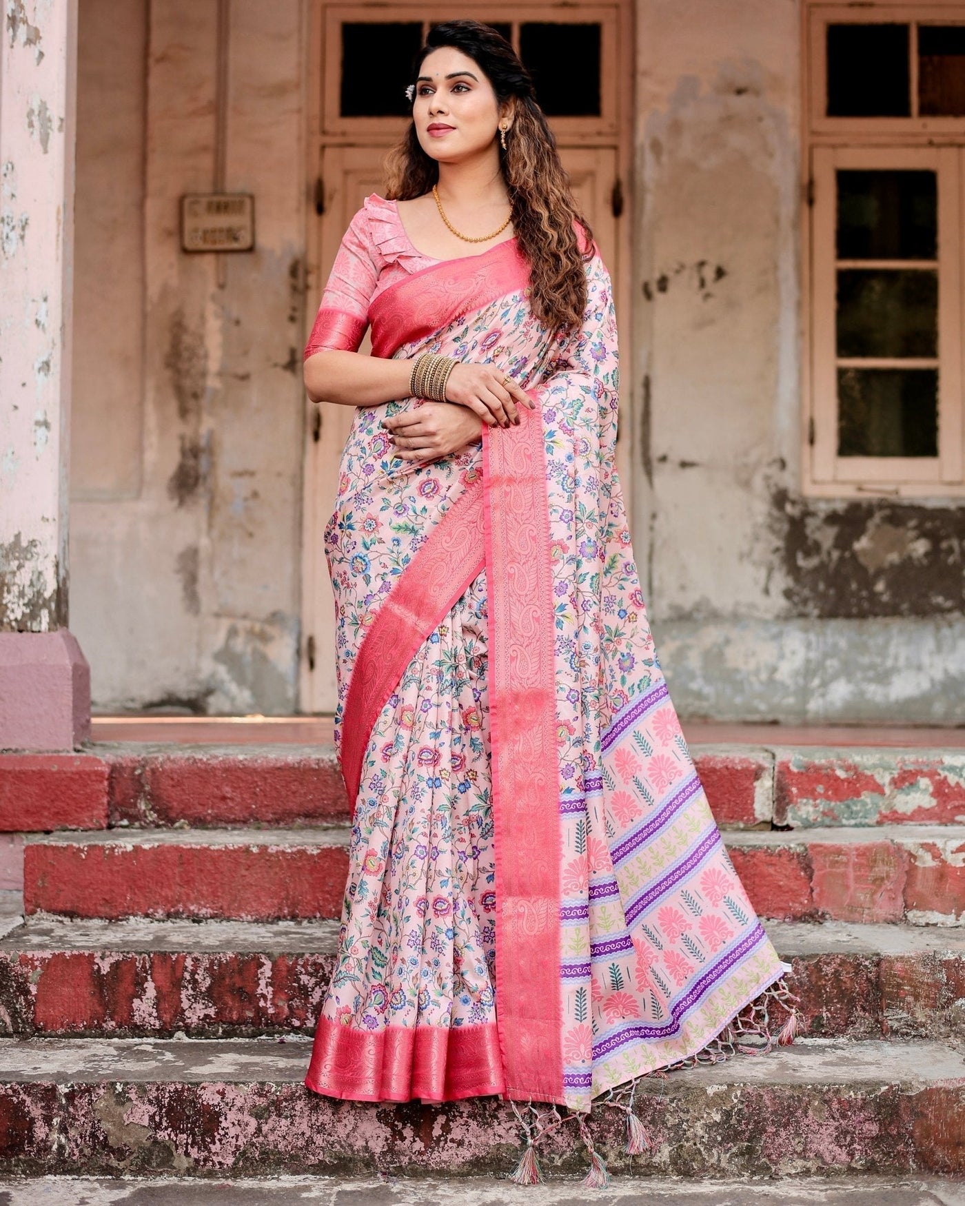 Pure Silk Digitally Printed Saree Weaved With Golden Zari Comes With Tassels - Almaari Fashion