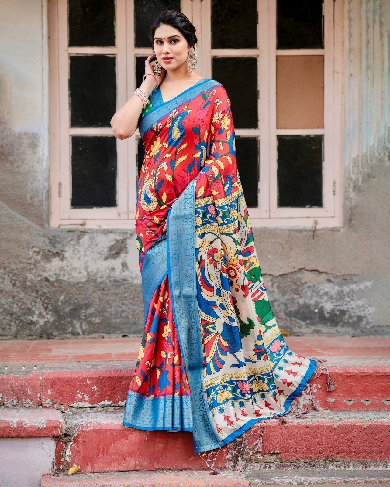 Pure Silk Digitally Printed Saree Weaved With Golden Zari Comes With Tassels - Almaari Fashion